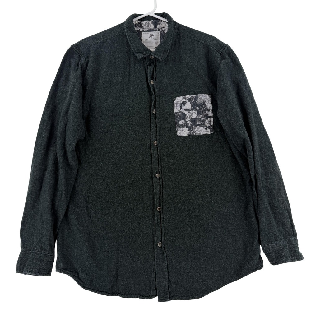 On The Byas Shirt Mens XL Gray Solid Long Sleeve Button Up Floral Pocket Twill